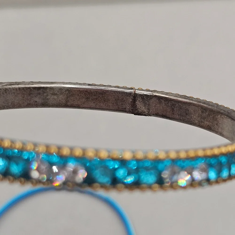 Rhinestone Bangle Bracelet + 1 Accent Bangle 2 Stackable Blue Teal Gold Tone